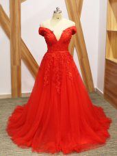 Coral Red Lace Up Lace and Appliques Sleeveless Brush Train