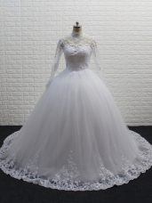 Exquisite High-neck Long Sleeves Wedding Gowns Brush Train Lace White Tulle