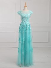 Spectacular Short Sleeves Tulle Floor Length Lace Up Mother Dresses in Aqua Blue with Beading and Lace and Appliques