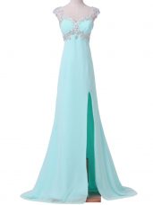 Simple Aqua Blue Cap Sleeves Chiffon Backless Celebrity Dress for Prom and Party and Military Ball