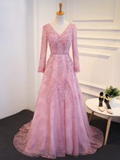 Pink Tulle Lace Up V-neck Long Sleeves Mother of Bride Dresses Brush Train Lace and Appliques