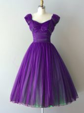 Purple V-neck Neckline Ruching Bridesmaid Dress Cap Sleeves Lace Up