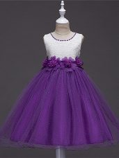 Tulle Scoop Sleeveless Zipper Lace and Hand Made Flower Little Girls Pageant Dress Wholesale in Purple