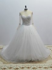 Captivating White Wedding Dress Wedding Party with Beading Scoop Long Sleeves Brush Train Lace Up