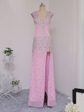 High Quality Lilac Short Sleeves Chiffon Backless High School Pageant Dress for Prom and Party and Wedding Party