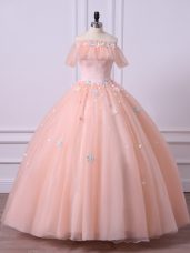 Tulle Short Sleeves Floor Length Quinceanera Gowns and Lace and Appliques