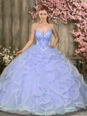Lavender Tulle Lace Up Sweetheart Sleeveless Floor Length Quince Ball Gowns Beading and Ruffles