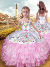 Ball Gowns Little Girl Pageant Gowns Rose Pink Straps Organza and Taffeta Sleeveless Floor Length Lace Up