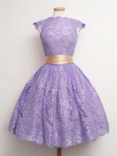 Lavender Quinceanera Dama Dress Prom and Party and Wedding Party with Belt High-neck Cap Sleeves Lace Up
