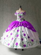 Discount Off The Shoulder Cap Sleeves Lace Up Sweet 16 Quinceanera Dress White And Purple Organza and Taffeta