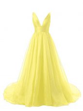 A-line Sleeveless Yellow Prom Evening Gown Brush Train Backless
