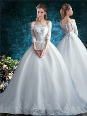 Court Train Ball Gowns Wedding Dresses White Off The Shoulder Tulle Half Sleeves Clasp Handle