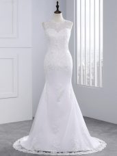 White High-neck Lace Up Beading and Appliques Wedding Gowns Brush Train Sleeveless