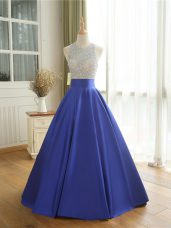 Blue A-line Beading Dress for Prom Backless Satin Sleeveless Floor Length