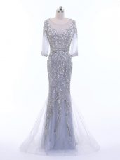 Lovely Zipper Evening Dress Silver for Prom and Party and Military Ball with Beading Brush Train