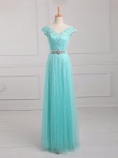 V-neck Cap Sleeves Tulle and Lace Mother of the Bride Dress Beading and Appliques Lace Up