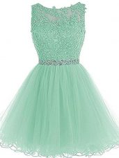 Elegant Tulle Sweetheart Sleeveless Zipper Beading and Lace and Appliques and Ruffles Homecoming Dress in Apple Green