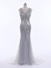 Zipper Prom Evening Gown Grey for Prom and Military Ball and Beach with Beading Brush Train