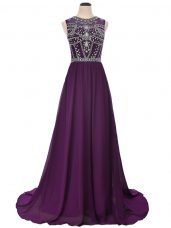 Admirable Purple Empire Beading Homecoming Dress Side Zipper Elastic Woven Satin Short Sleeves