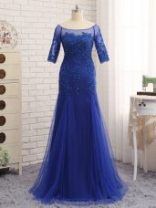 Half Sleeves Tulle Zipper Mother of Groom Dress in Royal Blue with Lace and Appliques