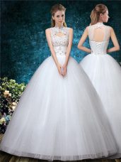 Custom Designed White Tulle Lace Up High-neck Sleeveless Floor Length Wedding Gowns Beading and Appliques and Embroidery