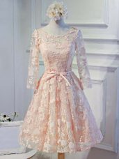 Latest Peach A-line Organza Scoop Long Sleeves Appliques Knee Length Lace Up Evening Dress
