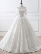 White Organza and Lace Lace Up Wedding Dresses Half Sleeves Brush Train Lace and Appliques