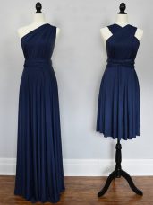 Classical Navy Blue Empire Halter Top Sleeveless Chiffon Floor Length Lace Up Ruching Bridesmaid Dresses