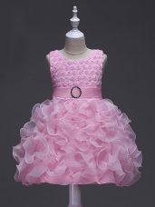 Fantastic Sleeveless Knee Length Ruffles and Belt Lace Up Little Girls Pageant Dress with Rose Pink