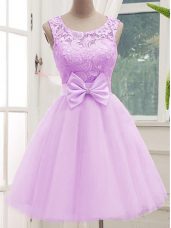 Lilac Scoop Lace Up Lace and Bowknot Bridesmaid Gown Sleeveless