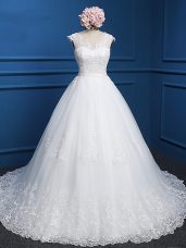 Admirable Ball Gowns Sleeveless White Wedding Gown Brush Train Backless