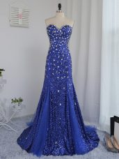 Ideal Beading and Sequins Prom Party Dress Royal Blue Zipper Sleeveless Brush Train