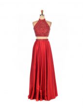 Superior Sleeveless Elastic Woven Satin Floor Length Backless Prom Dresses in Red with Beading