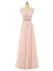 Customized Sleeveless Floor Length Beading and Appliques Zipper Prom Gown with Pink