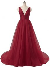 Inexpensive Burgundy Sleeveless Organza Brush Train Backless Red Carpet Prom Dress for Prom and Party and Military Ball and Beach