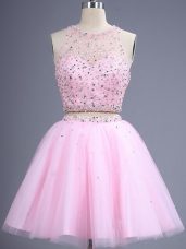 Pink Two Pieces Tulle Scoop Sleeveless Beading and Lace Knee Length Zipper Quinceanera Dama Dress