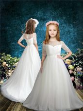 White Half Sleeves Tulle Brush Train Zipper Flower Girl Dress for Wedding Party