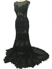 Perfect Beading and Lace and Appliques Mother of the Bride Dress Black Side Zipper Sleeveless Brush Train