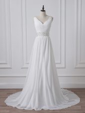 Custom Made White Empire V-neck Sleeveless Chiffon Brush Train Backless Beading and Ruching Wedding Dress