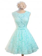 Inexpensive Aqua Blue Lace Up Dama Dress for Quinceanera Belt Sleeveless Knee Length