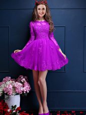 Eggplant Purple Lace Up Bridesmaids Dress Beading and Lace and Appliques 3 4 Length Sleeve Mini Length