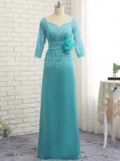 Fine Lace and Appliques and Ruching and Hand Made Flower Mother of Bride Dresses Aqua Blue Zipper Long Sleeves Floor Length