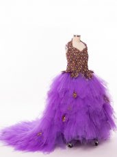 Wonderful Eggplant Purple Sleeveless Ruffles Lace Up Little Girls Pageant Gowns