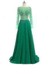 Fitting Long Sleeves Beading Backless Prom Dresses with Green Brush Train