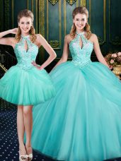 Aqua Blue Ball Gowns Tulle Halter Top Sleeveless Beading and Pick Ups Floor Length Lace Up Quince Ball Gowns