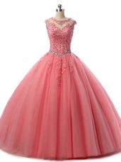 New Style Watermelon Red Lace Up Quince Ball Gowns Beading and Lace Sleeveless Floor Length