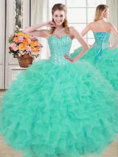 Comfortable Sweetheart Sleeveless Organza 15 Quinceanera Dress Beading and Ruffles Lace Up