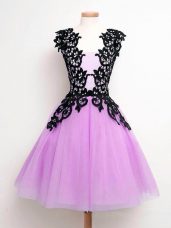 Dazzling Lilac Tulle Lace Up Straps Sleeveless Knee Length Bridesmaid Dress Lace