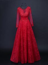 Red Tulle Lace Up Scoop Long Sleeves Floor Length Mother of Groom Dress Lace and Appliques