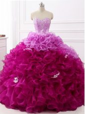 Customized Multi-color Ball Gowns Sweetheart Sleeveless Organza Brush Train Lace Up Beading and Appliques and Ruffles Quinceanera Gown